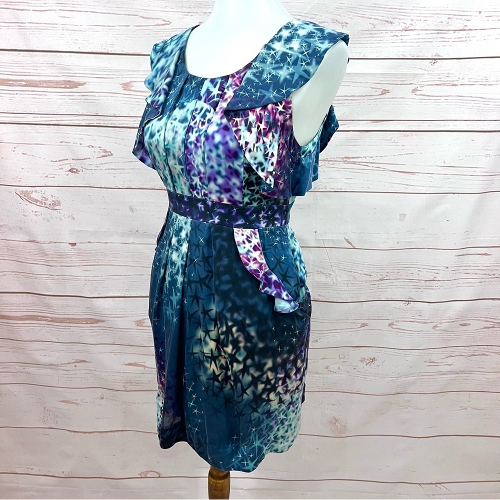 Leifsdottir Anthropologie Supernova Star Tie Dye Galaxy Silk Ruffle Pocket Dress